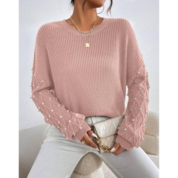 Casual Pink Pearl Round Neck Drop Shoulder - Picture 6 of 6
